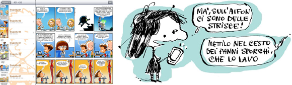 Da sinistra: una scheramta delle strisce dei Singloids su iPad e una vignetta di Inkspinter