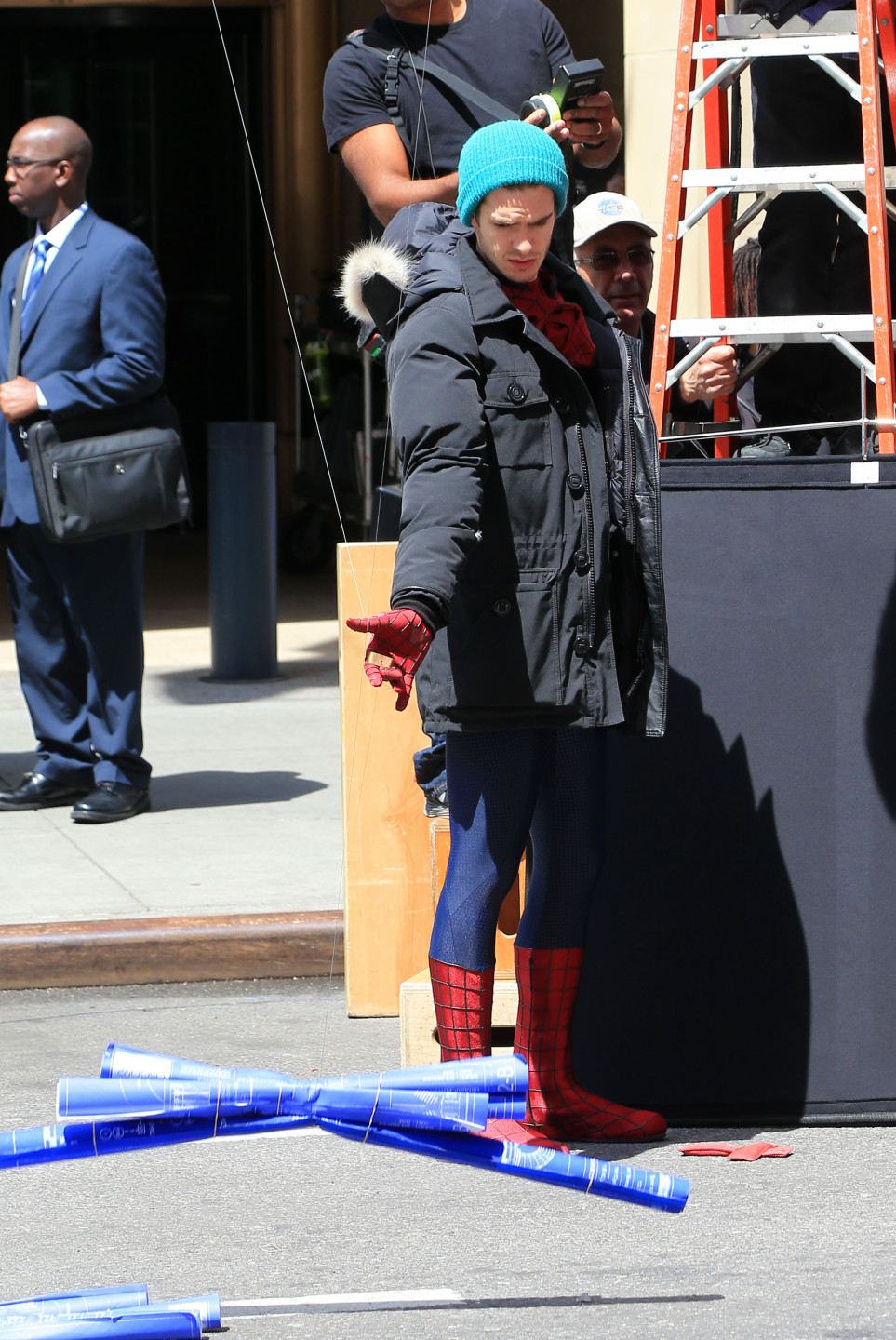 Andrew Garfield and Jamie Foxx on location for 'The Amazing Spider Man 2' in NYC
