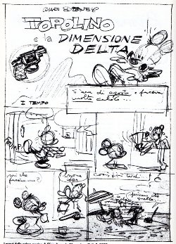 Layout della prima tavola di "Topolino e la dimensione Delta", di Romano Scarpa (1959)