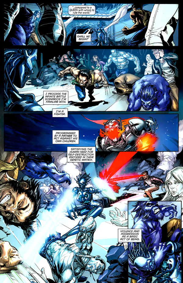 In questa pagina vediamo gli X-Men fare a pugni con Danger, come si vedeva in Astonishing X-Men #9/10 (si veda il riferimento nelle vignette 3.1 e 3.2). La mia aggiunta, ovviamente è Ultron. È interessante vedere come Mike abbia fatto delle modifiche rispetto alle mie richieste per “alleggerire” la tavola. A questo proposito, la scelta di cambiare la vignetta 3.3, però, non è stata forse azzeccatissima. Se, come chiedevo nella sceneggiatura, Ultron fosse stato inquadrato in volo mentre “taglia la vignetta da sinistra a destra in questa striscia sottile”, la tavola avrebbe guadagnato ancor più respiro.