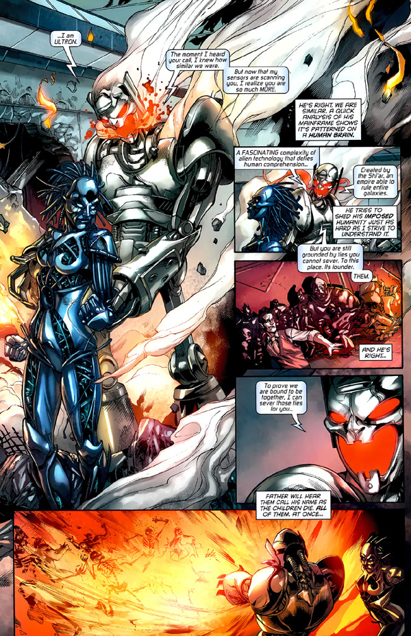 PAGE 5 Qui è dove Danger e Ultron “fanno conoscenza” per la prima volta. È un colpo di fulmine, gente. Momenti che vale la pena notare: Ultron pieno di “teCNosterone” che gira attorno a Danger per “rifarsi gli occhi” (cfr. la vignetta 5.2) e l’esecuzione degli studenti della scuola. Anticipazione di quello che sta per succedere…