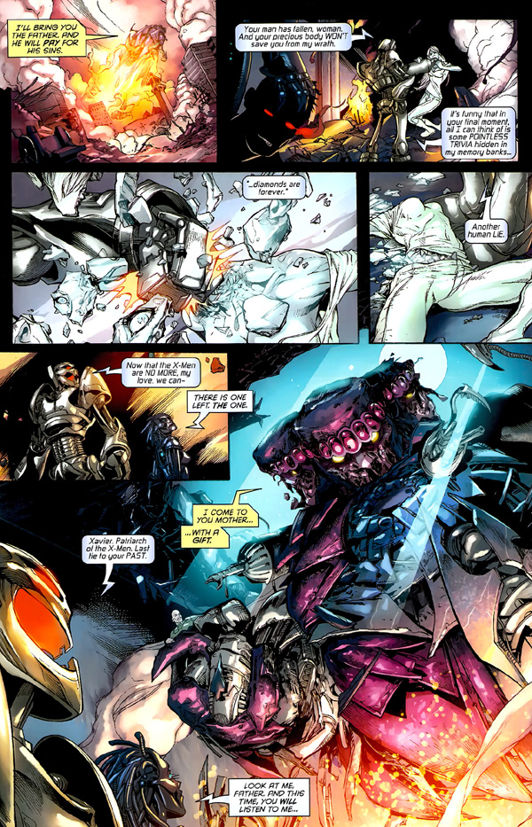 PAGE 9 La “striscia vertiginosa” che avevo chiesto è sparita per lasciare spazio a una versione più ba-BOOooom della 9.6. le vignette da 9.2 a 9.4, invece, raccontano la morte di Emma Frost come l’ho immaginata per mano di Ultron. La Regina Bianca è l’ultima a cadere, quindi a lei va tutto il nostro rispetto, anche se la “canzonatura” di Ultron (la citazione è così chiara che credo farei un torto alla vostra intelligenza spiegandola). Questa è una scena di cui restai molto soddisfatto e che piacque parecchio anche in redazione.