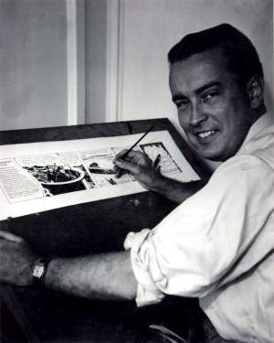 Jon Stables (1912-1999), il creatore di Brok Windsor, al tavolo da lavoro.