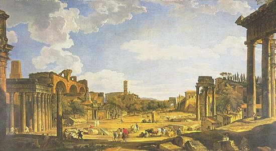 Giovanni Paolo Pannini (1691-1765), Veduta dal foro romano dal Campidoglio.