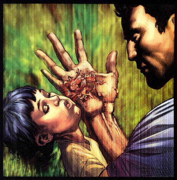 Dida: Frank e il figlio colpito a morte durante la sparatoria nel parco, da The Punisher vol. 5, n. 1, p. 5. © Marvel Comics.