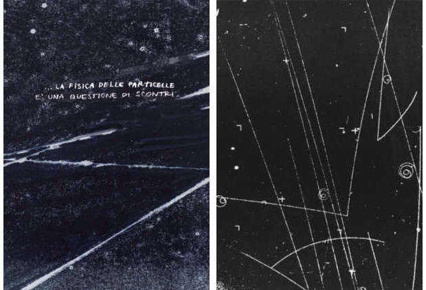 Confronto il risultato di una tipica interazione tra particelle in una camera a bolle (a destra, tratta da Treiman, S. (1959). The Weak Interactions Scientific American, 200 (3), 72-84) e l'interpretazione fornita da Silvia Rocchi (a sinistra)