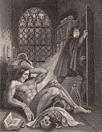 Frankenstein osserva i primi vagiti della sua creatura. Illustrazione di Theodor von Holst dall'edizione del 1831 - via commons