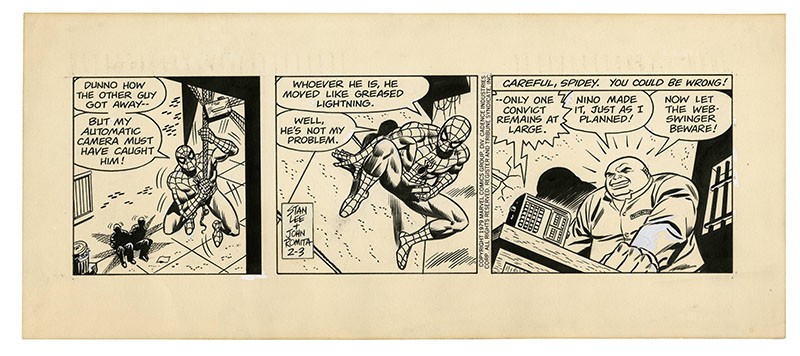 Una striscia di Spider-Man per i quotidiani con testi di Stan Lee e disegni di John Romita Sr