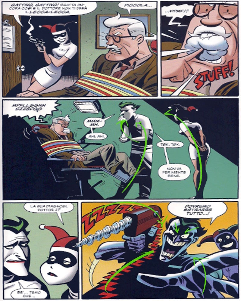 Fig. 3: nell'immagine c'è una delle prime tavole dell'opera. Il dettaglio che emerge chiaramente riguarda la convergenza delle linee d'azione, nelle due vignette nelle quali è protagonista, sul volto di Joker, ovvero il punto che più lo caratterizza.
